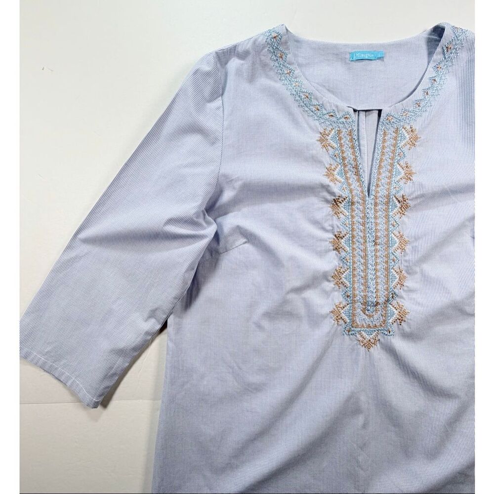 J McLaughlin Tunic Top Size Large Blue Check Embroidered Cotton Boho Classic
